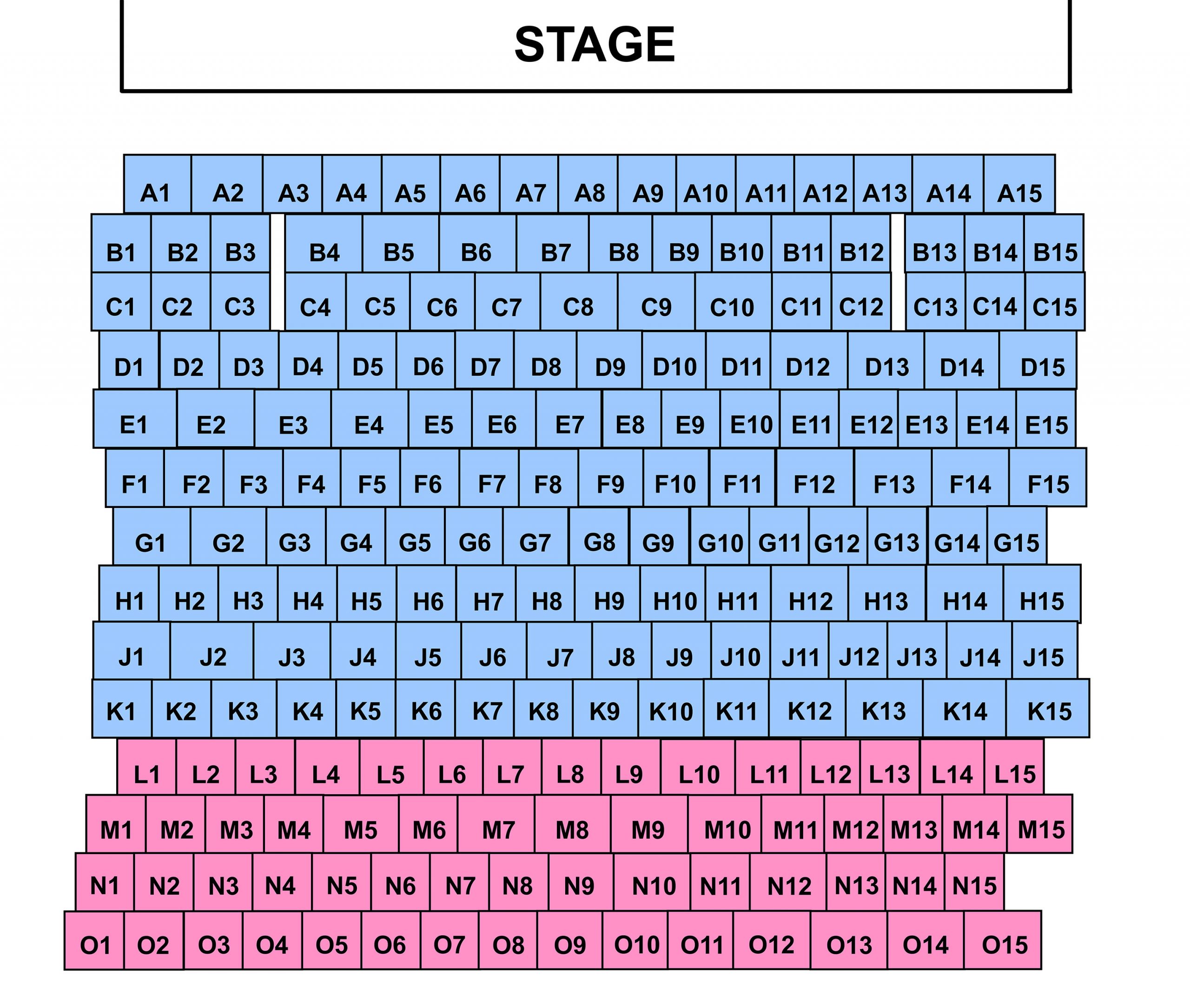 Rows A-K are Section One; L-O are Section Two. Columns are numbered one to fifteen, from right to left facing the stage.
